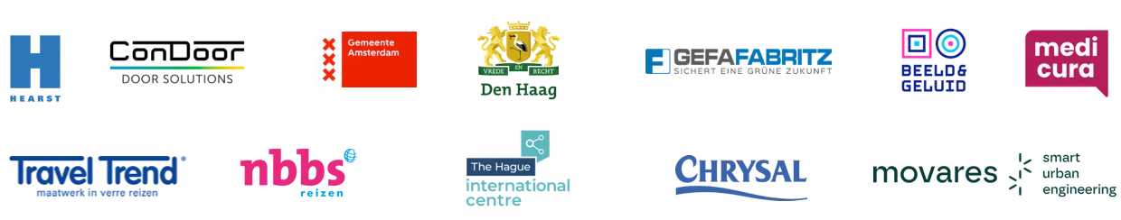 Brighteq logo's klanten Hearst, Condoor, Gemeente Den haag, GEFA, Beeld en Geluid, Medicura, Travel Trend, NBBS, The Hague International Centre, Chrysal, Movares